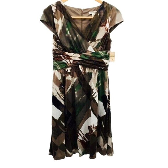 Coldwater Creek Dress Womens 10 NEW Printed Ruched Cap Sleeve Lined Fall - Picture 1 of 12